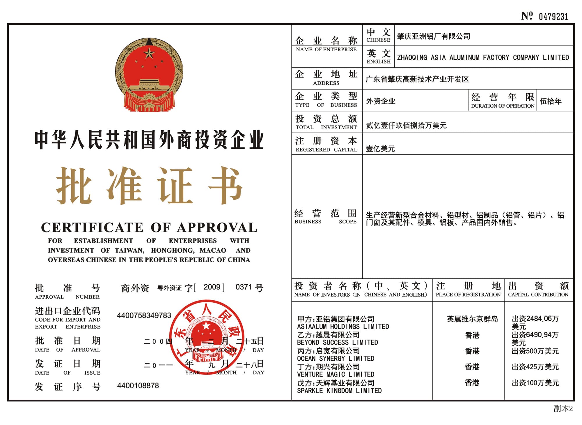 Certificate of Approval for Enterprise with Foreign Investment